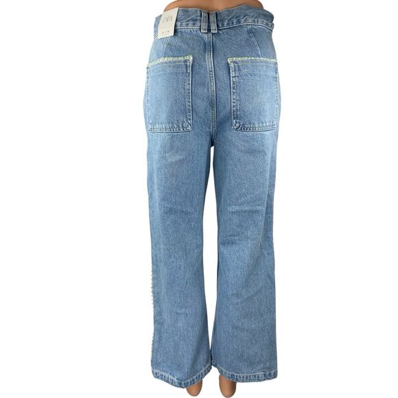 NEW Zara Women's Blue High Waisted Flower Button Wide Leg Denim Jeans Pants Sz 4 - Picture 3 of 6